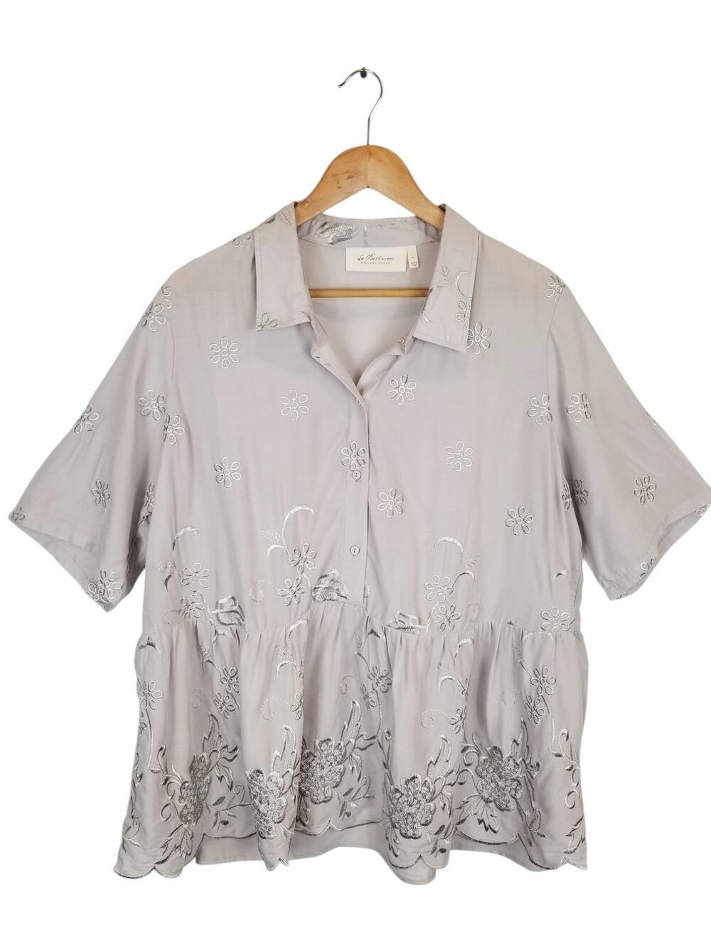 La Bellum Hillary Scott Floral Embroidered Peplum Short Sleeve Blouse Gray XL